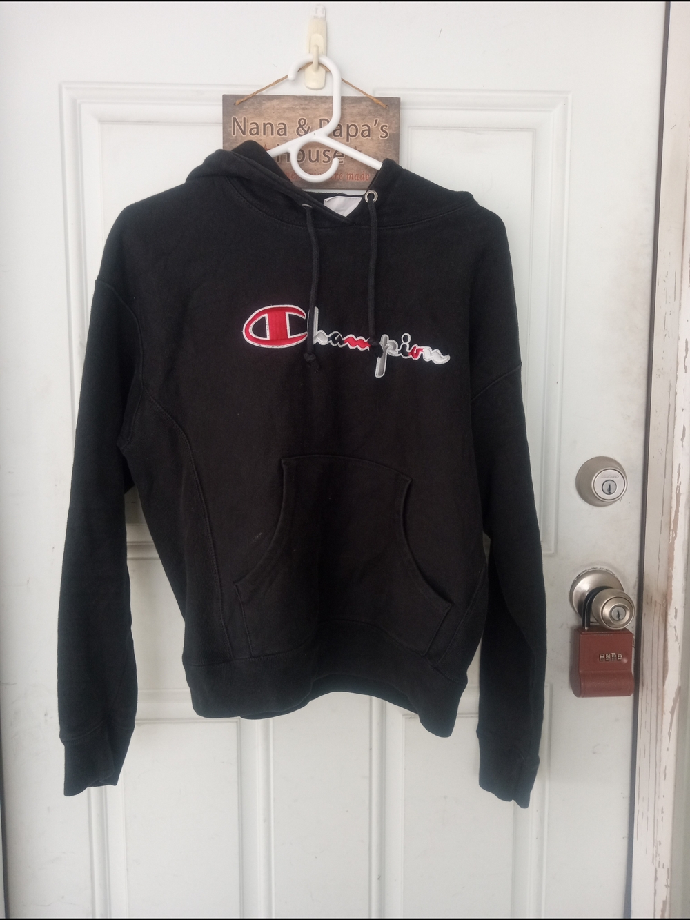 Champion Reverse Weave Black Hoodie with Red & White Logo